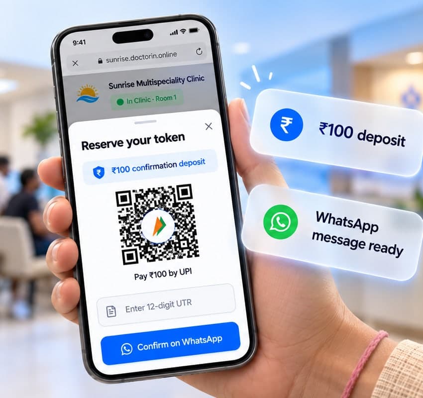 బుకింగ్ షీట్ చూపిస్తున్న పేషెంట్ ఫోన్: ₹100 కన్ఫర్మేషన్ డిపాజిట్తో టోకెన్ రిజర్వ్ చేసుకోండి, UPI QR తో చెల్లించి, 12 అంకెల UTR ఎంటర్ చేసి WhatsApp లో కన్ఫర్మ్ చేయండి. పక్కన ₹100 డిపాజిట్, WhatsApp మెసేజ్ రెడీ కార్డులు.