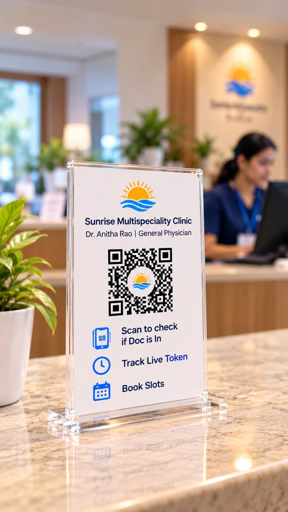 మార్బుల్ రిసెప్షన్ కౌంటర్పై Sunrise Multispeciality Clinic, డా. అనిత రావు, జనరల్ ఫిజీషియన్ పేరుతో అక్రిలిక్ QR స్టాండ్: QR కోడ్, డాక్టర్ ఉన్నారో చెక్ చేయండి, లైవ్ టోకెన్ ట్రాక్ చేయండి, స్లాట్లు బుక్ చేయండి.